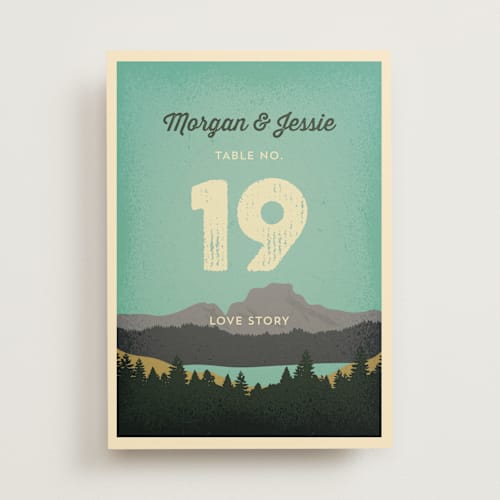 This is a forest table numbers with standard by Nam Bourassa called mountain view printing on doublethick in standard