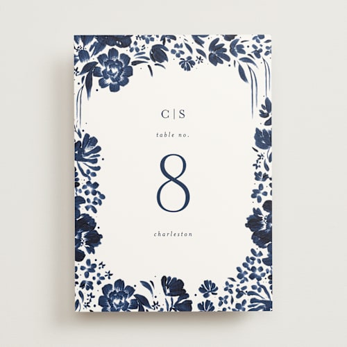 This is a indigo table numbers with standard by Angela Marzuki called brushstrokes in bloom printing on signature in standard