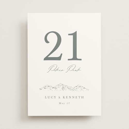 This is a pewter table numbers with standard by Sarah Brown called mountainview printing on doublethick in standard