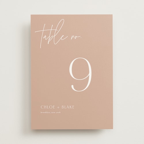 This is a terracotta table numbers with standard by Kelly Schmidt called overlap printing on doublethick in standard