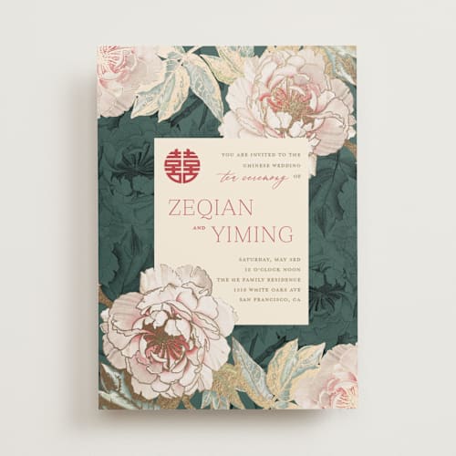 This is a evergreen foil stamped wedding invitations with foil pressed by fatfatin called auspicious peonies printing on signature in standard
