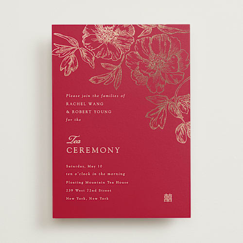 This is a ruby foil stamped wedding invitations with foil pressed by Janean Hinger called double peony printing on signature in standard