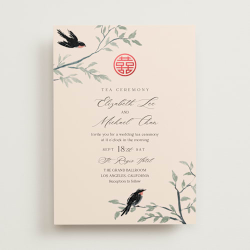 This is a cream foil stamped wedding invitations with foil pressed by Elly called lovebirds printing on signature in standard