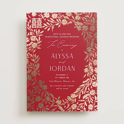 This is a ruby foil stamped wedding invitations with foil pressed by Yaling Hou Suzuki called garden vines printing on signature in standard