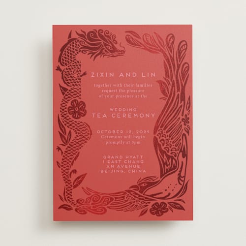 This is a ruby foil stamped wedding invitations with foil pressed by Ghia Designs called fiery printing on signature in standard