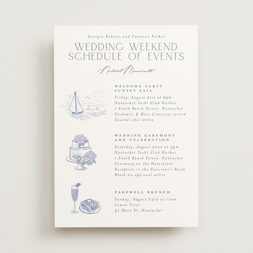 This is a periwinkle ceremony reception essentials with standard by Jenna Holcomb called coastal toile printing on signature in standard