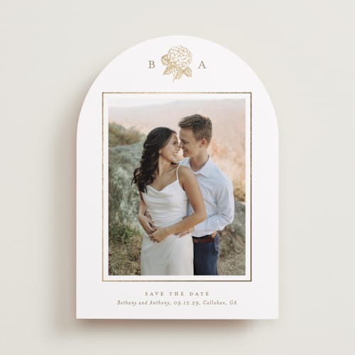 This is a cotton foil stamped save the date cards with foil pressed by Stacey Meacham called hydrangea bloom printing on recycled smooth signature in standard