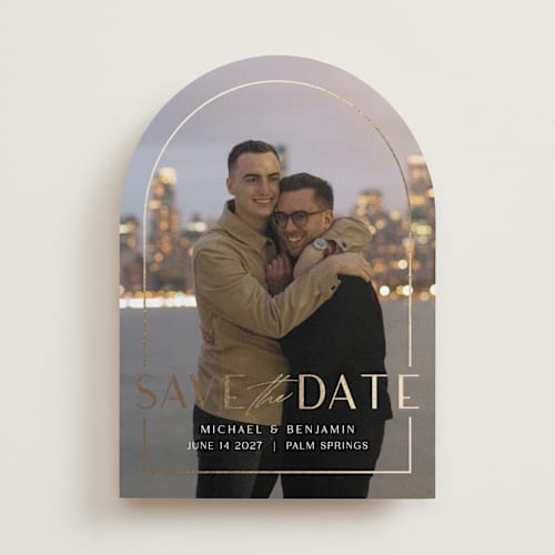This is a cloud foil stamped save the date cards with foil pressed by silverscreen studio called deco arch printing on recycled smooth signature in standard