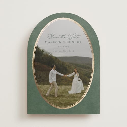 This is a rosemary foil stamped save the date cards with foil pressed by Emily Betts called vintage oval printing on recycled smooth signature in standard