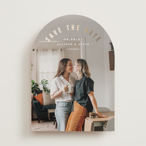 This is a twinkle foil stamped save the date cards with foil pressed by Pixel and Hank called horizon printing on recycled smooth signature in standard
