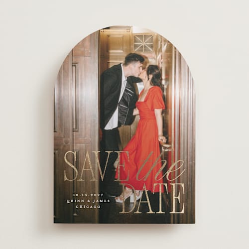 This is a snow foil stamped save the date cards with foil pressed by Pixel and Hank called love song printing on recycled smooth signature in standard