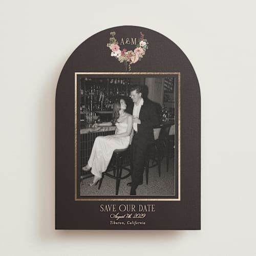 This is a blush foil stamped save the date cards with foil pressed by Susan Moyal called flouriishing printing on recycled smooth signature in standard