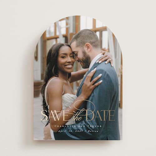This is a veil foil stamped save the date cards with foil pressed by Brandy Folse called ever after printing on recycled smooth signature in standard