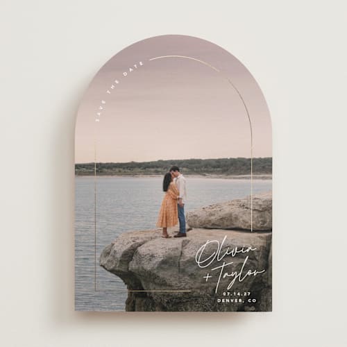 This is a classic foil stamped save the date cards with foil pressed by Kelly Schmidt called arch signature printing on recycled smooth signature in standard