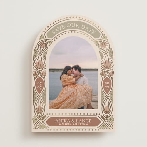 This is a terracotta foil stamped save the date cards with foil pressed by Mary Fotheringham called palm nouveau printing on recycled smooth signature in standard