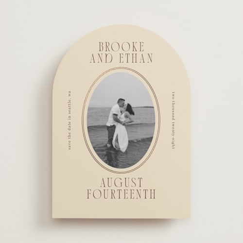 This is a buttercream foil stamped save the date cards with foil pressed by Angela Garrick called ethan printing on recycled smooth signature in standard