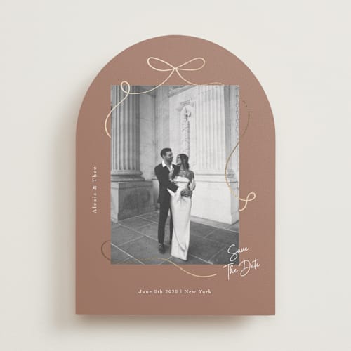 This is a coffee foil stamped save the date cards with foil pressed by Elly called gentle bow printing on recycled smooth signature in standard
