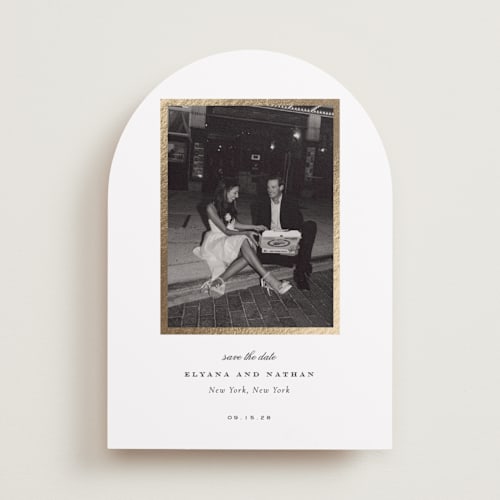 This is a pearl foil stamped save the date cards with foil pressed by Sara Hicks Malone called classically yours printing on recycled smooth signature in standard