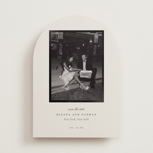 This is a cream foil stamped save the date cards with foil pressed by Sara Hicks Malone called classically yours printing on recycled smooth signature in standard