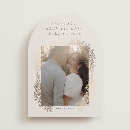 This is a cloud foil stamped save the date cards with foil pressed by Laura Hankins called flourishing printing on recycled smooth signature in standard