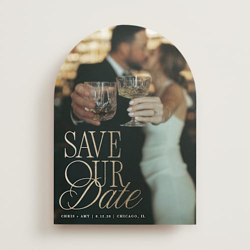 This is a pearl foil stamped save the date cards with foil pressed by Olivia Goree called celebration printing on recycled smooth signature in standard