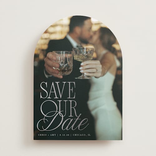This is a dusk foil stamped save the date cards with foil pressed by Olivia Goree called celebration printing on recycled smooth signature in standard