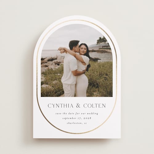 This is a sugar foil stamped save the date cards with foil pressed by Angela Garrick called double lined border printing on recycled smooth signature in standard