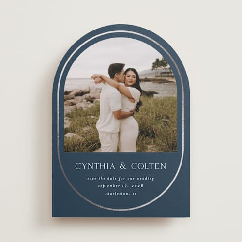 This is a blueberry foil stamped save the date cards with foil pressed by Angela Garrick called double lined border printing on recycled smooth signature in standard