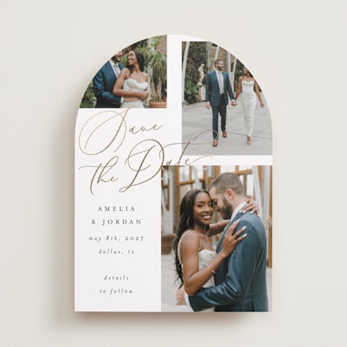 This is a snow foil stamped save the date cards with foil pressed by AK Graphics called whimsy printing on recycled smooth signature in standard