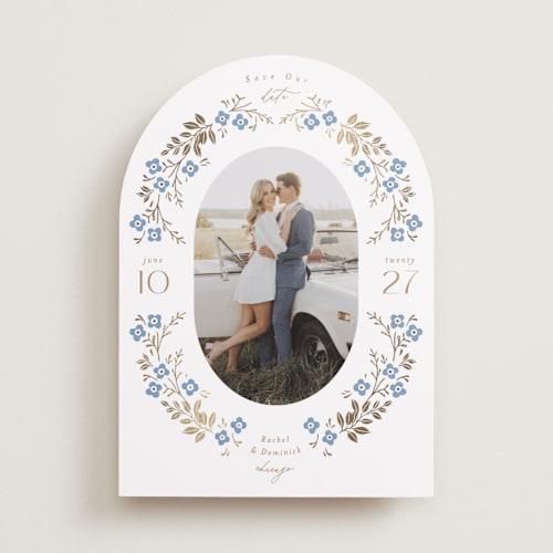 This is a bluebell foil stamped save the date cards with foil pressed by Susan Zinader called wildflower sprigs printing on recycled smooth signature in standard