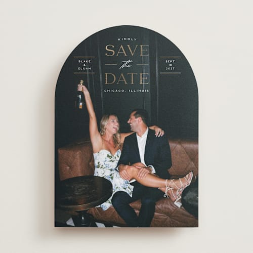 This is a alabaster foil stamped save the date cards with foil pressed by Erica Krystek called classic overlay printing on recycled smooth signature in standard