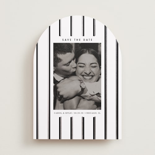 This is a snow foil stamped save the date cards with foil pressed by Baumbirdy called stripes printing on recycled smooth signature in standard