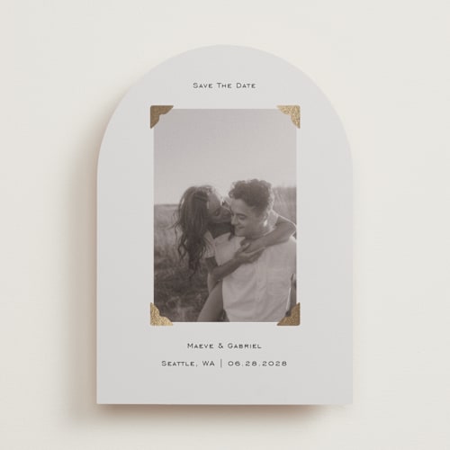 This is a cream foil stamped save the date cards with foil pressed by Jenny Millington called scrapbook frame printing on recycled smooth signature in standard