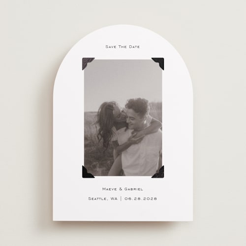 This is a quartz foil stamped save the date cards with foil pressed by Jenny Millington called scrapbook frame printing on recycled smooth signature in standard