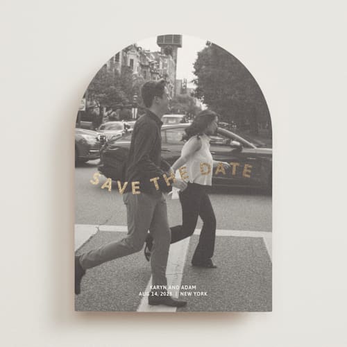 This is a nude foil stamped save the date cards with foil pressed by Inkblot Design called wavy printing on recycled smooth signature in standard