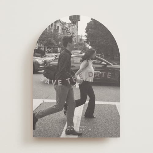 This is a greige foil stamped save the date cards with foil pressed by Inkblot Design called wavy printing on recycled smooth signature in standard