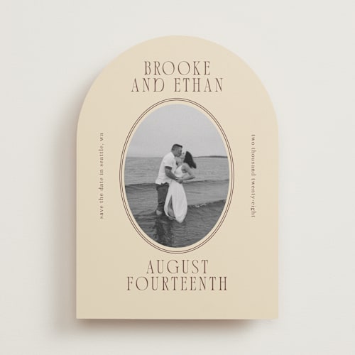 This is a buttercream save the date with standard by Angela Garrick called ethan printing on recycled smooth signature in standard