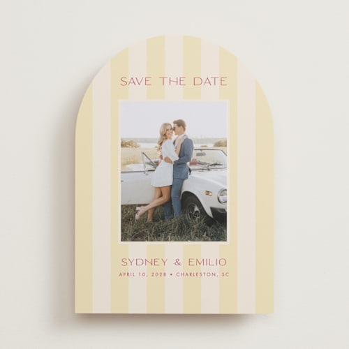 This is a lemon save the date with standard by Ellen Schlegelmilch called palmetto printing on recycled smooth signature in standard