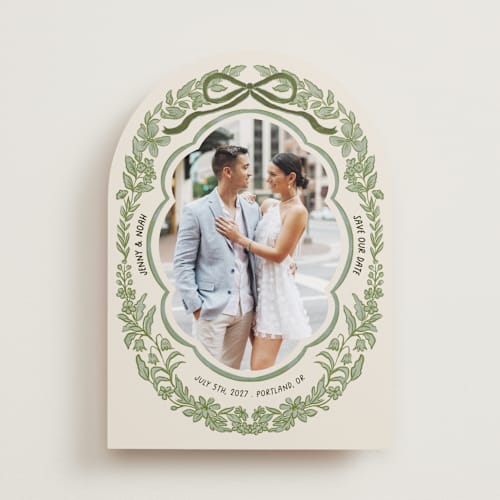 This is a olive save the date with standard by Elly called charm printing on recycled smooth signature in standard