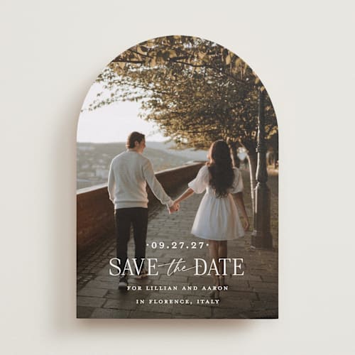 This is a powder save the date with standard by Carolyn MacLaren called together forever printing on recycled smooth signature in standard