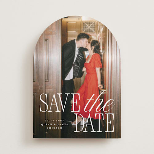 This is a snow save the date with standard by Pixel and Hank called love song printing on recycled smooth signature in standard