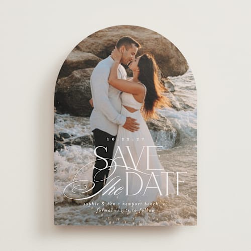 This is a pearl save the date with standard by Brooke Chandler called novella printing on recycled smooth signature in standard