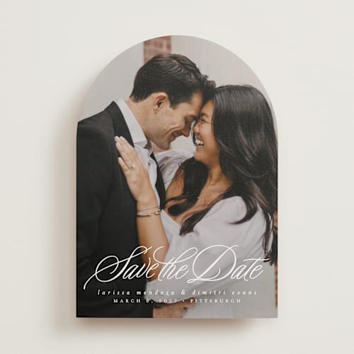 This is a pearl save the date with standard by Lea Delaveris called lovely day printing on recycled smooth signature in standard