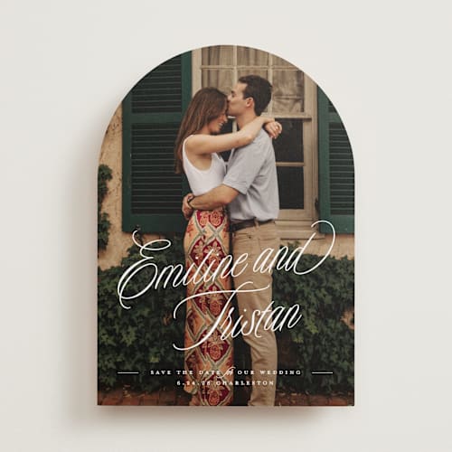 This is a cotton save the date with standard by Susan Zinader called sentimental script printing on recycled smooth signature in standard