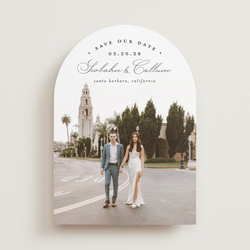 This is a onyx save the date with standard by Erica Krystek called arched type printing on recycled smooth signature in standard