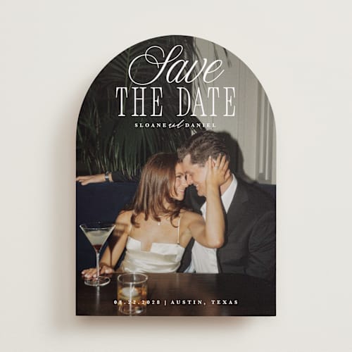 This is a porcelain save the date with standard by Maria Alou called his & hers printing on recycled smooth signature in standard
