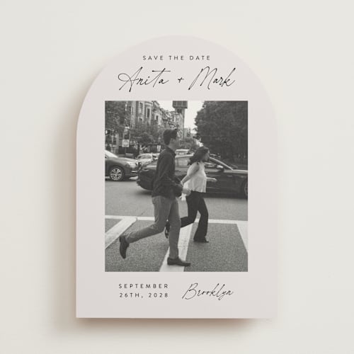 This is a eggshell save the date with standard by Paper Raven Co. called moment in time printing on recycled smooth signature in standard