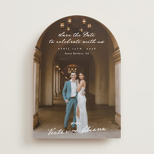 This is a ivory save the date with standard by Alethea and Ruth called celebration xo printing on recycled smooth signature in standard