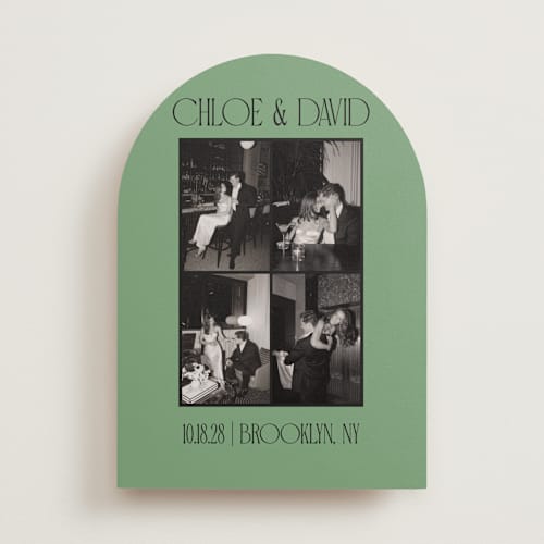 This is a jade save the date with standard by Morgan Kendall called quad printing on recycled smooth signature in standard