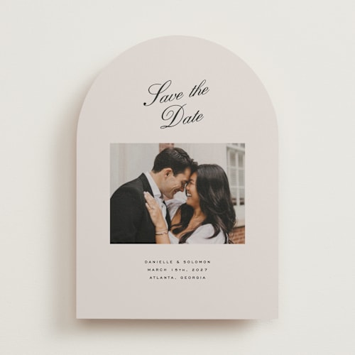 This is a clay save the date with standard by Olivia Kanaley Inman called hayworth printing on recycled smooth signature in standard
